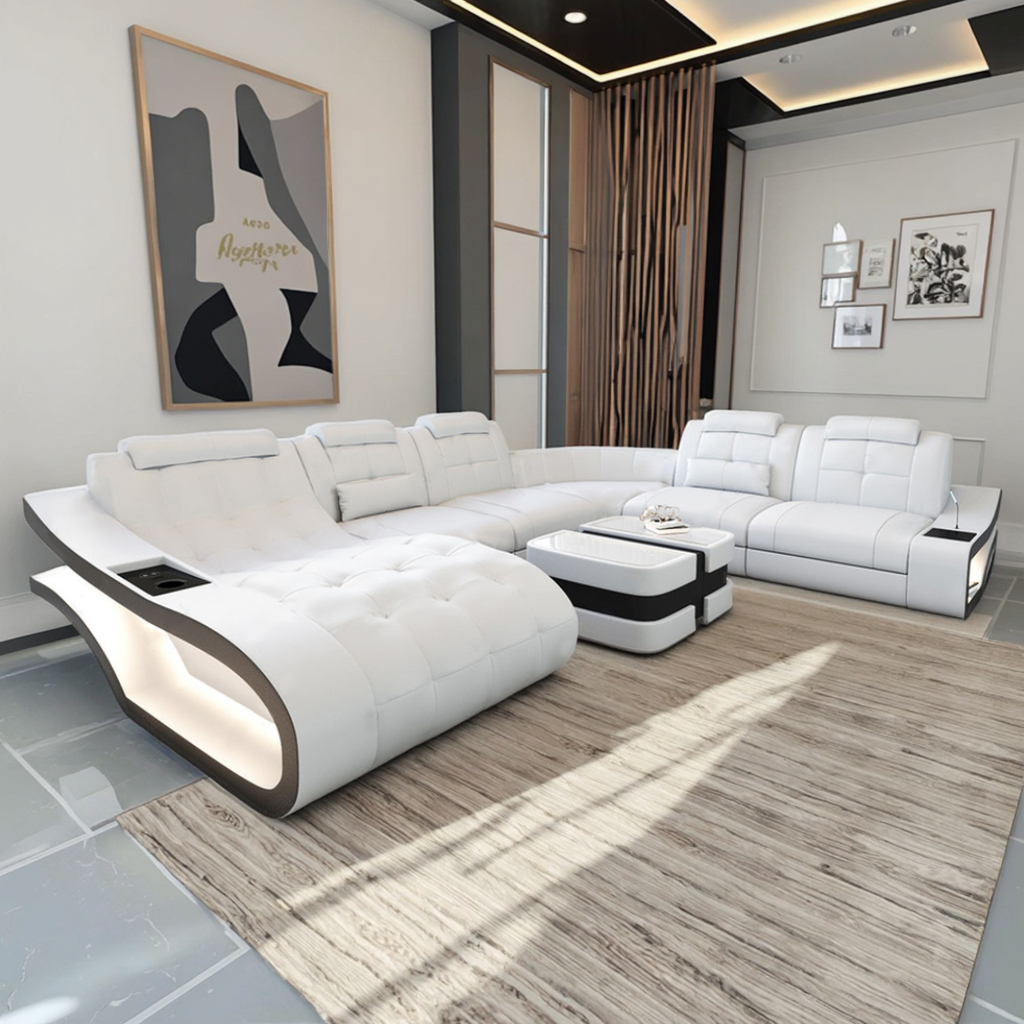 Modern Leather Sectional Sofa With LED Lights / Ruchi