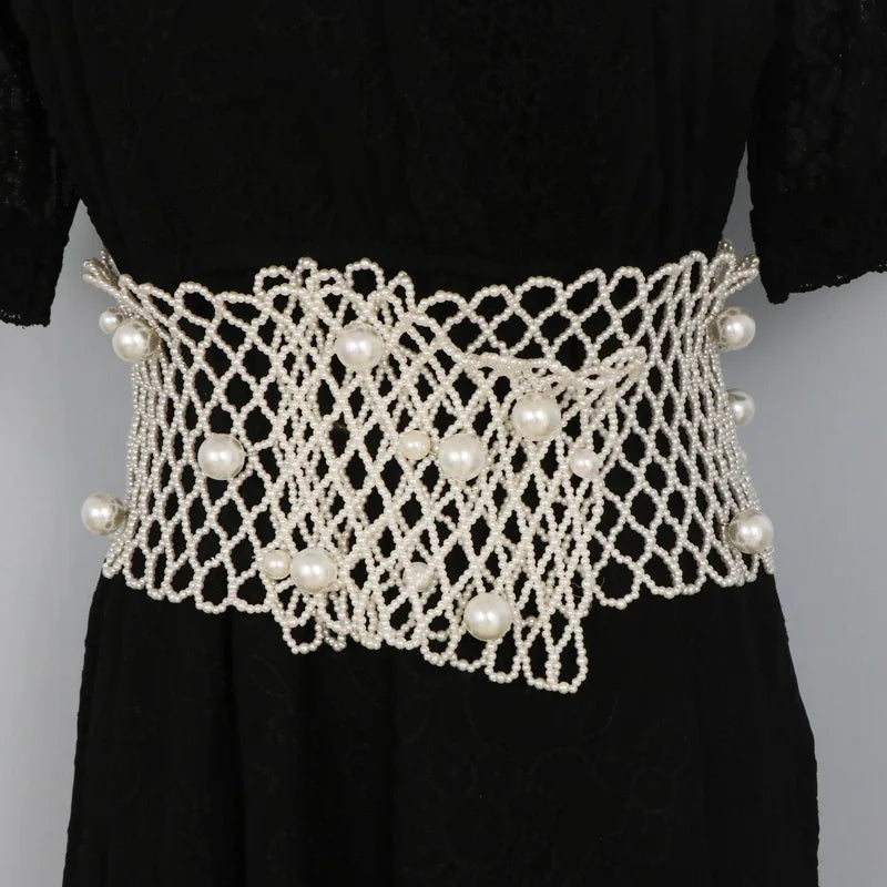 Super Wide White Handmade Pearl Waist Belt / Ruchi
