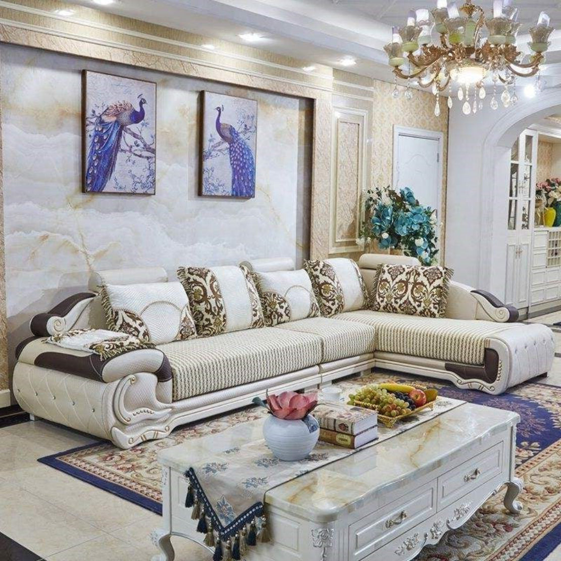 European L-Shape Fabric and Leather Sectional Sofa