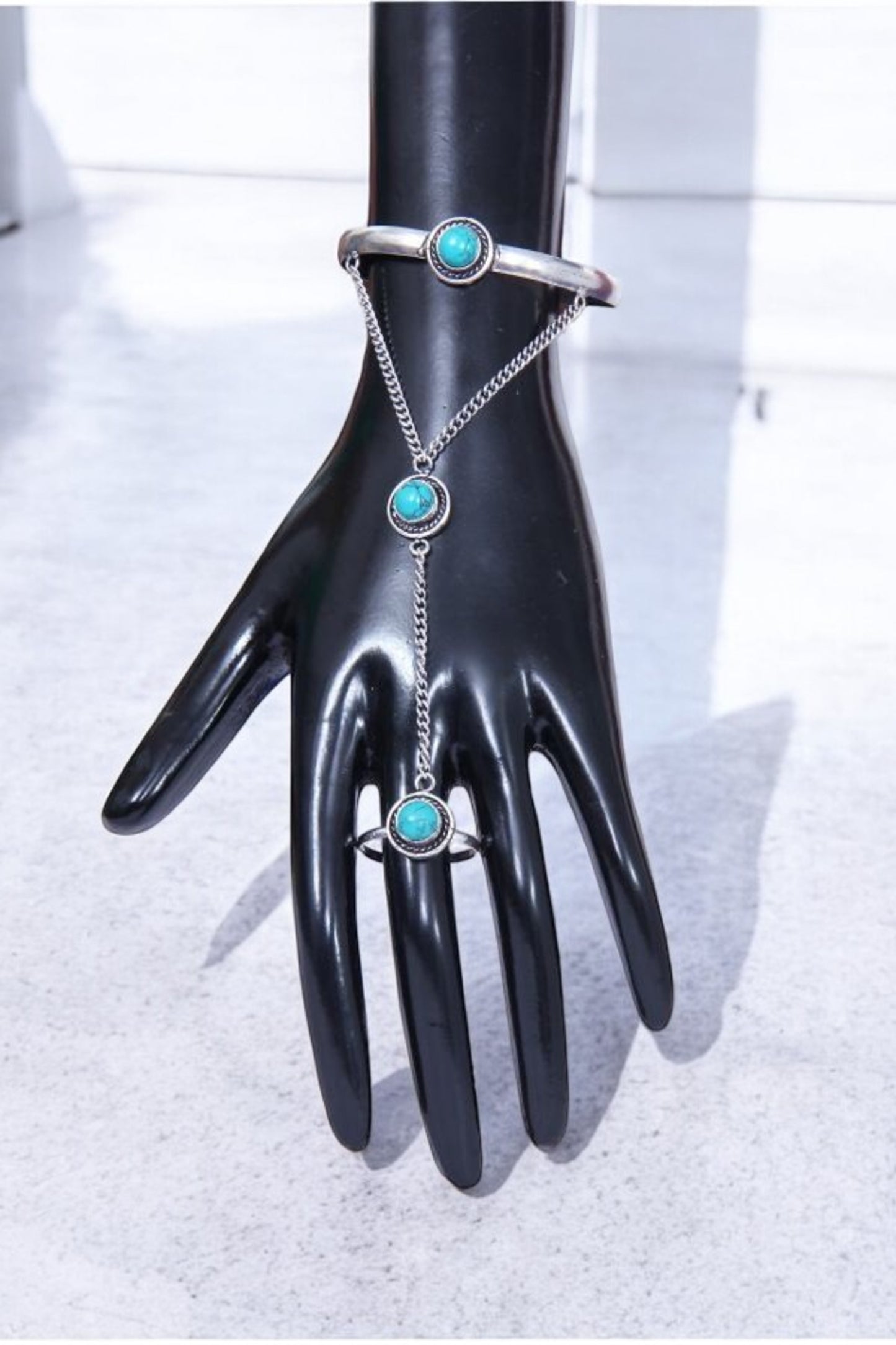 Turquoise Crystal Shell Ring & Boho Chain Bracelet / Ruchi