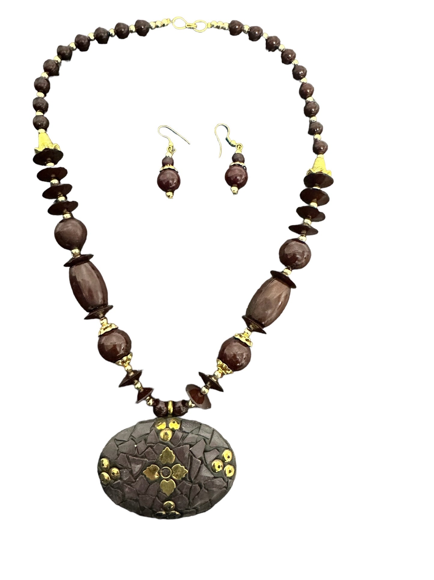 Captivating Semi-Precious Stone Brown Wooden Beaded Necklace And Earrings Set / Ruchi