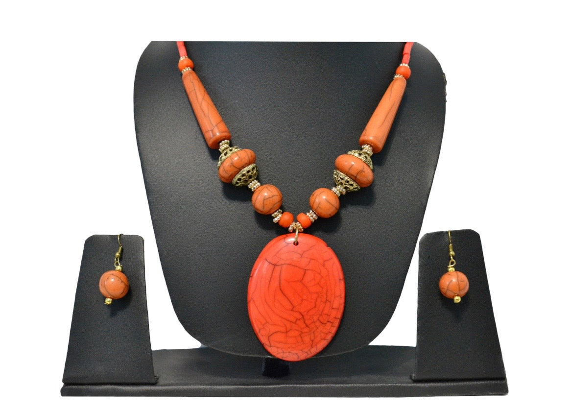 Wooden Orange Beaded Necklace Set / Ruchi