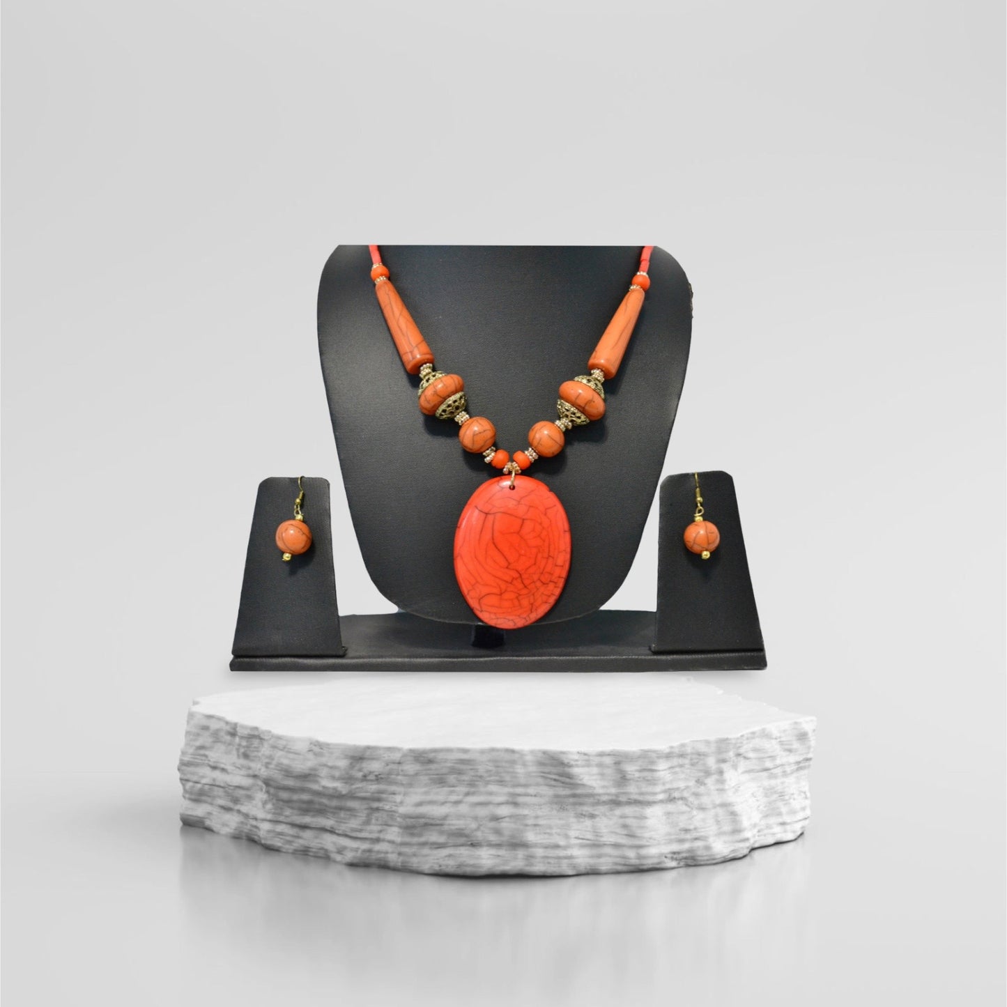 Wooden Orange Beaded Necklace Set / Ruchi