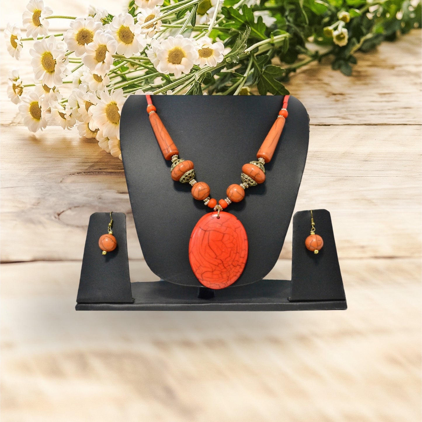 Wooden Orange Beaded Necklace Set / Ruchi