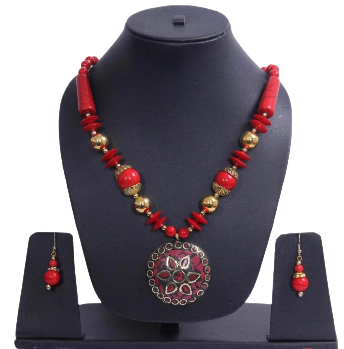Beguiling Red-Gold Beaded Necklace Set / Ruchi