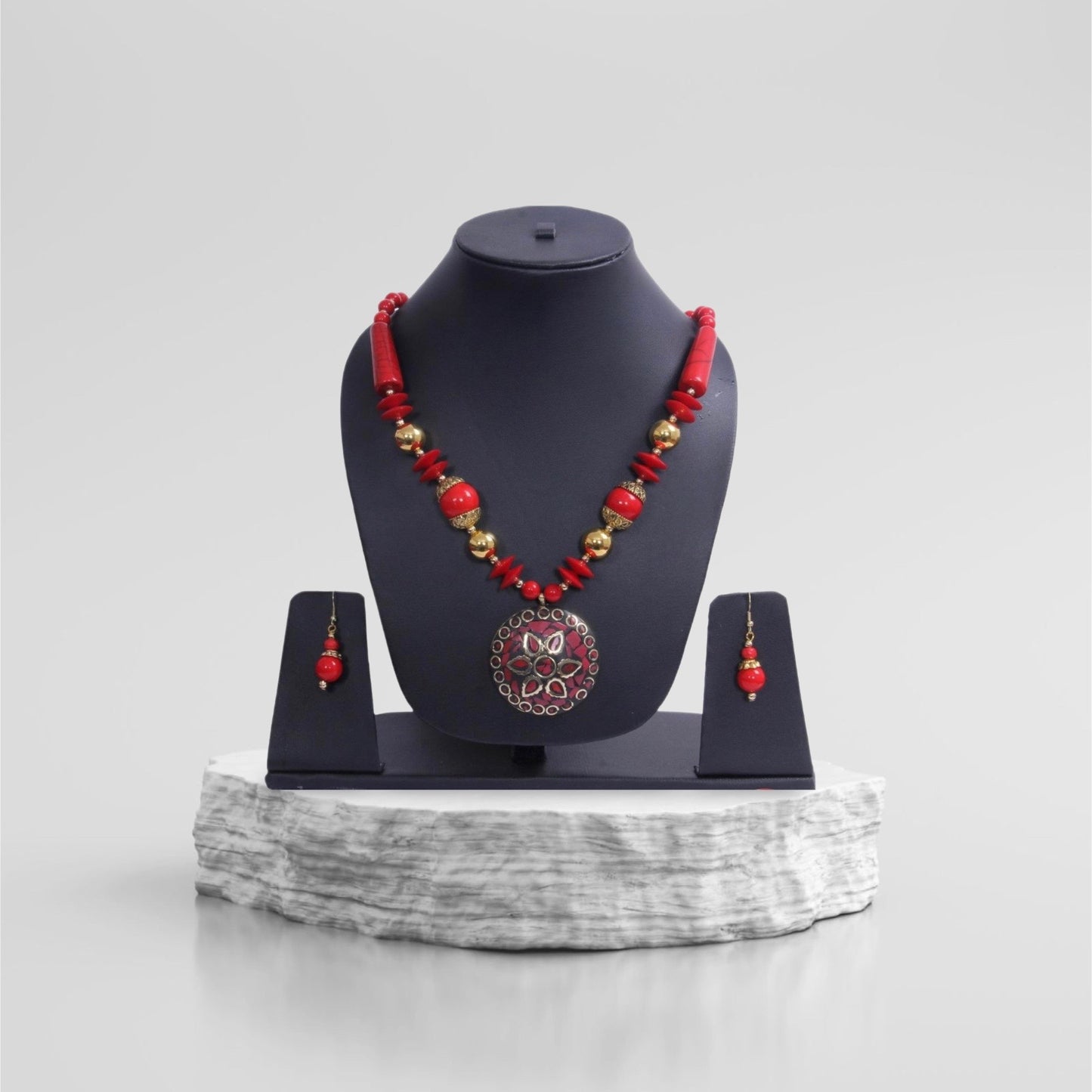 Beguiling Red-Gold Beaded Necklace Set / Ruchi