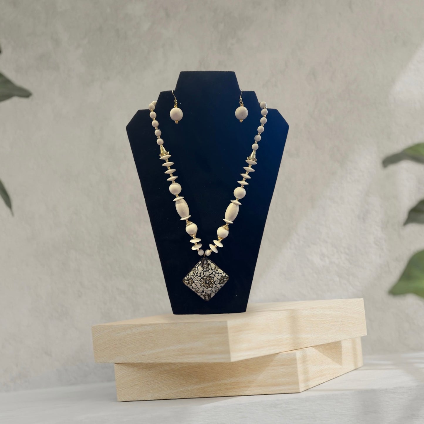 Endearing Square Pendant White Wooden Beaded Necklace And Earrings Set / Ruchi