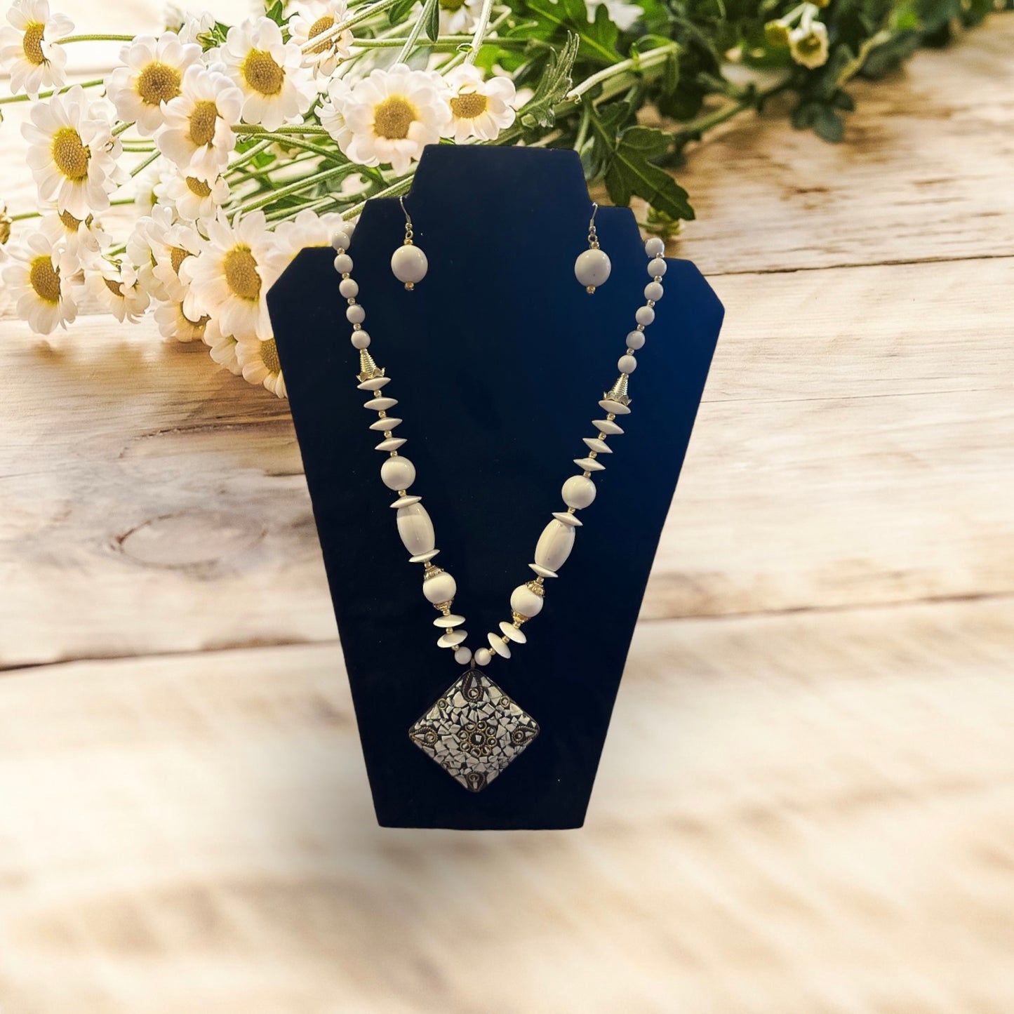 Endearing Square Pendant White Wooden Beaded Necklace And Earrings Set / Ruchi