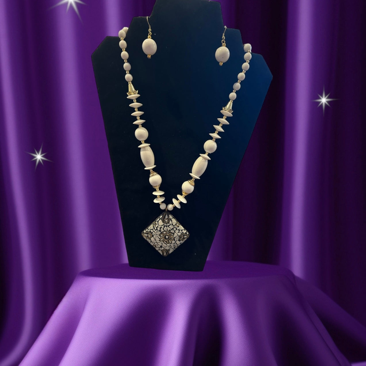 Endearing Square Pendant White Wooden Beaded Necklace And Earrings Set / Ruchi