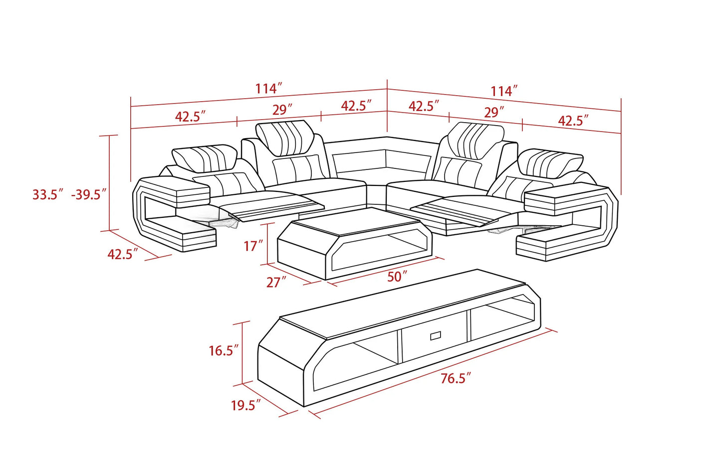Power Reclining LED Leather Sectional Sofa