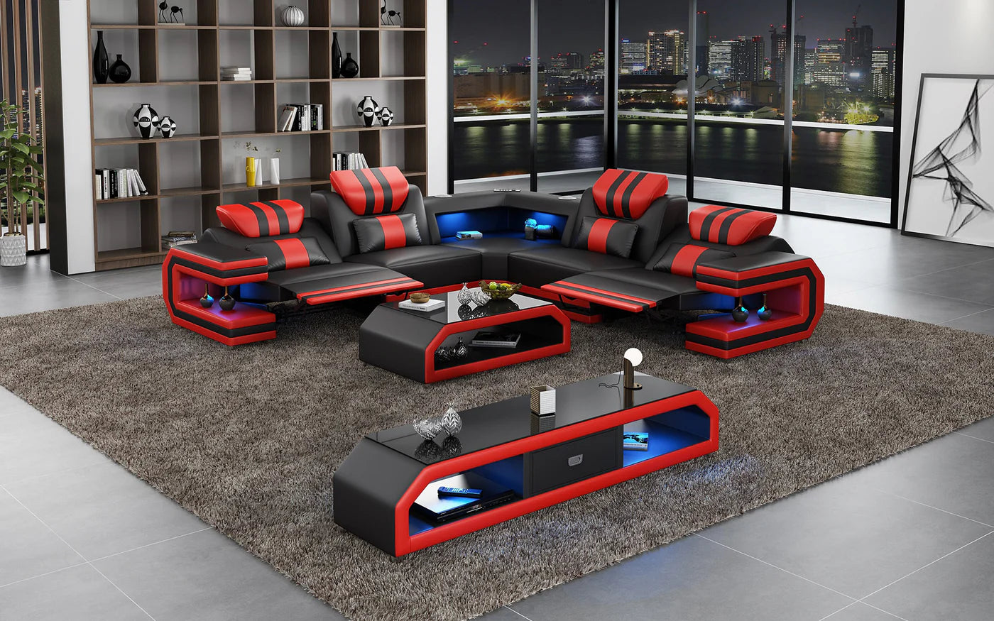 Power Reclining LED Leather Sectional Sofa / Ruchi