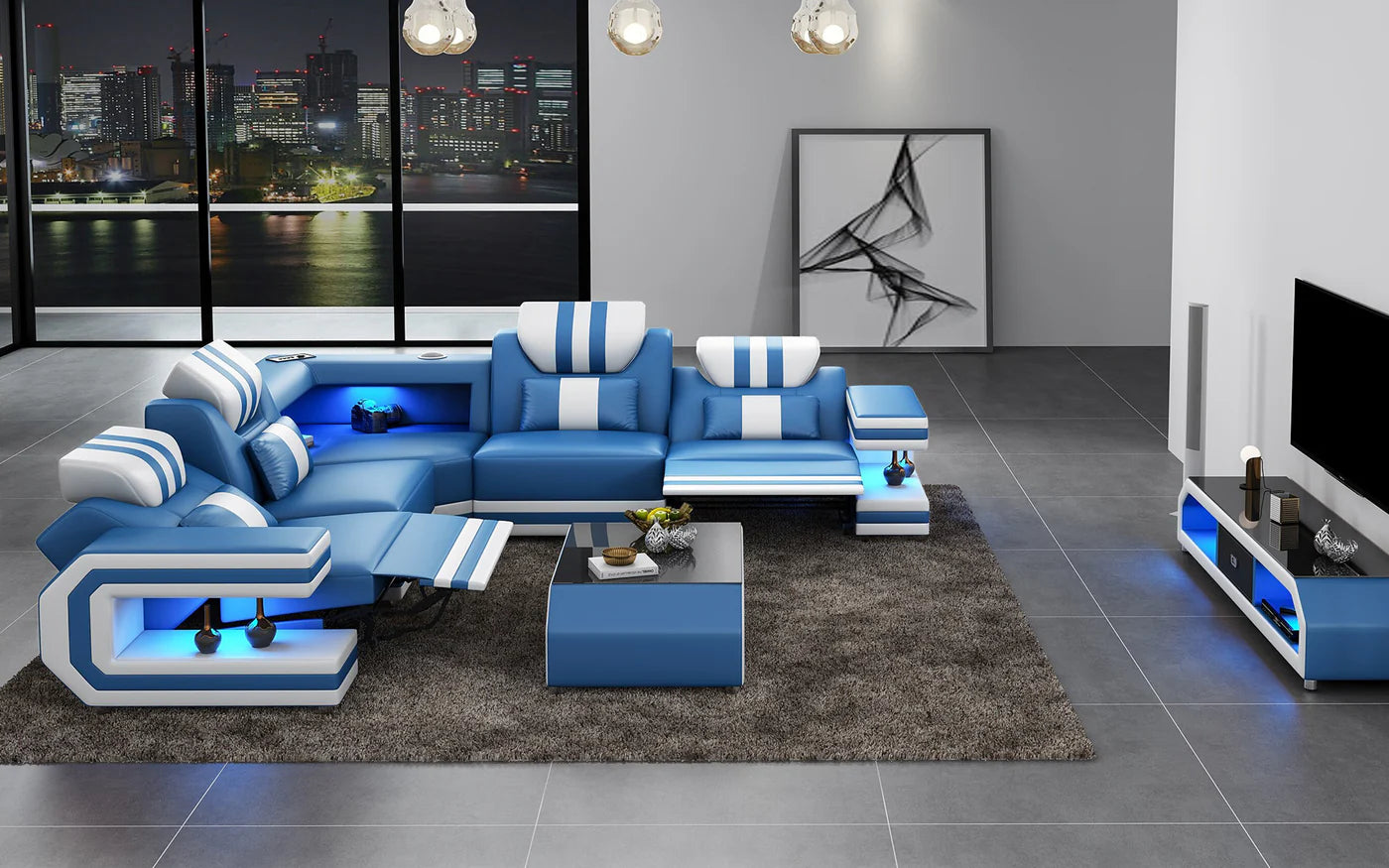 Power Reclining LED Leather Sectional Sofa / Ruchi