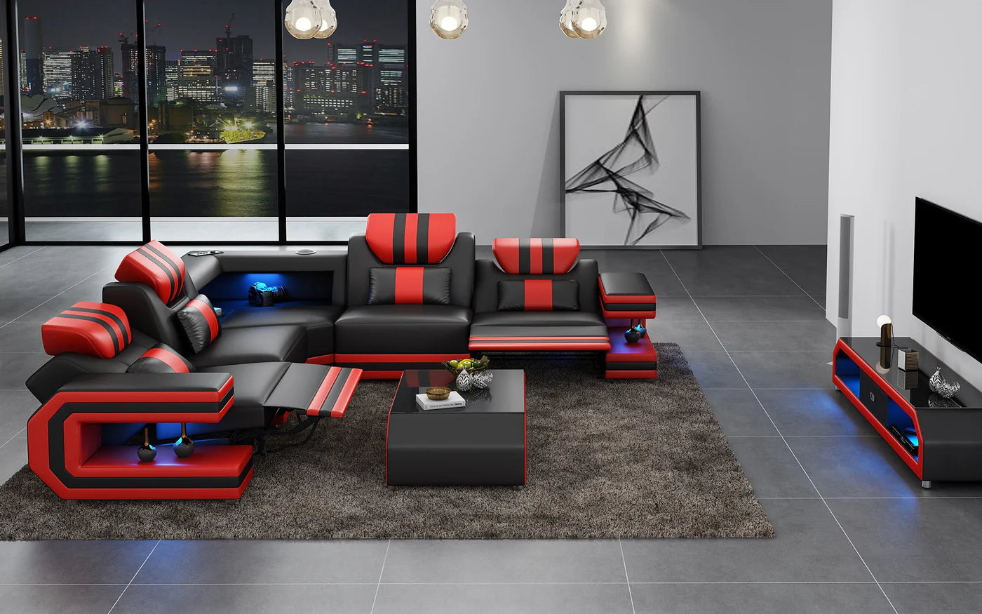 Power Reclining LED Leather Sectional Sofa / Ruchi