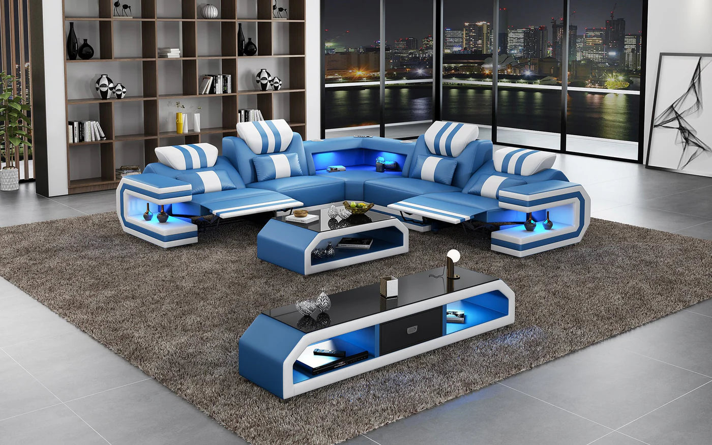 Power Reclining LED Leather Sectional Sofa / Ruchi