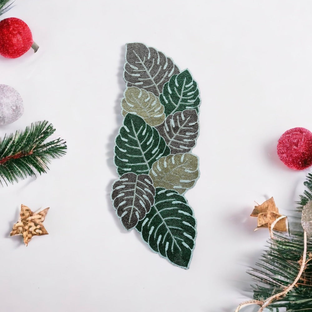 Multicolored Pearled Leaves Table Runner / Ruchi
