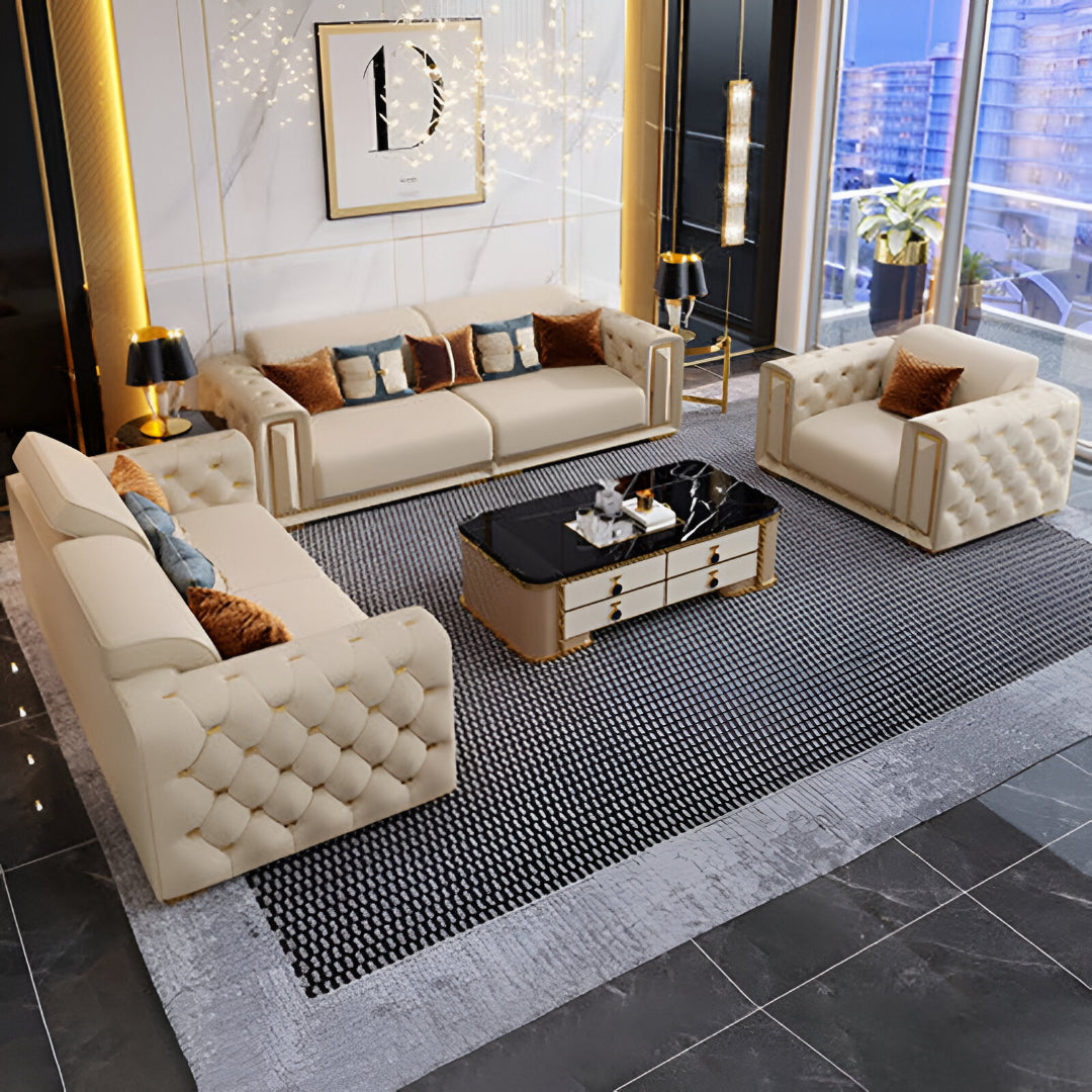 Button Tufted 3 Piece Leather Sofa Set / Ruhci