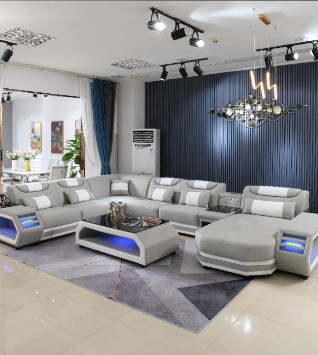 U-Shaped LED Leather Sectional Sofa With Chaise / Ruchi