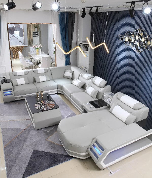 U-Shaped LED Leather Sectional Sofa With Chaise / Ruchi