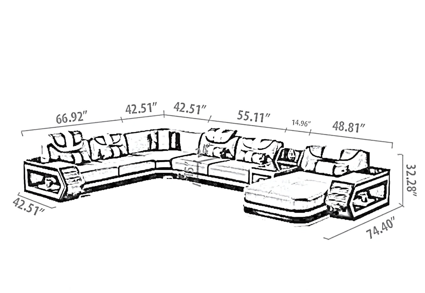 U-Shaped LED Leather Sectional Sofa With Chaise / Ruchi