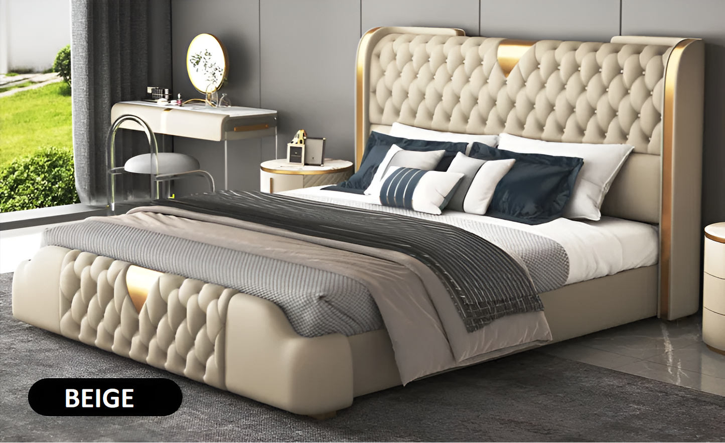 Modern Button Tufted Leather Bed