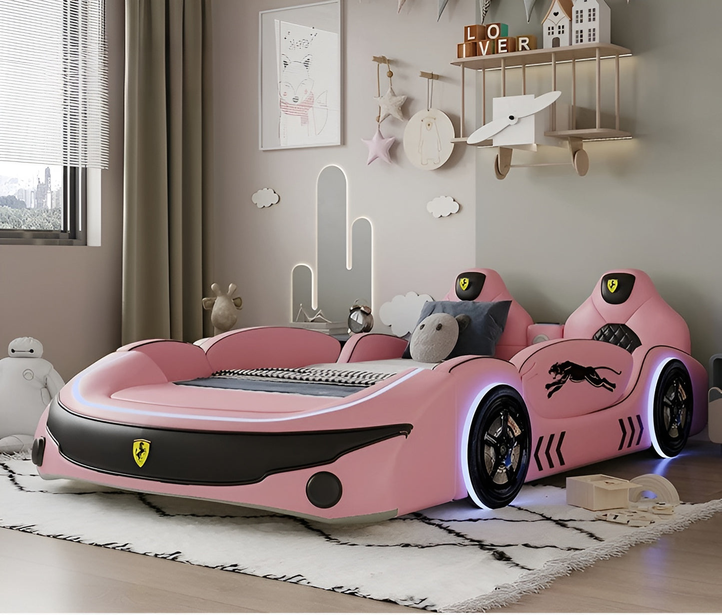 LED Leather Kids Car Bed With Mattress