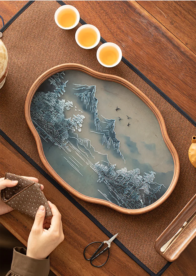 Simple Bamboo Wood Glass Serving Tray / Ruchi
