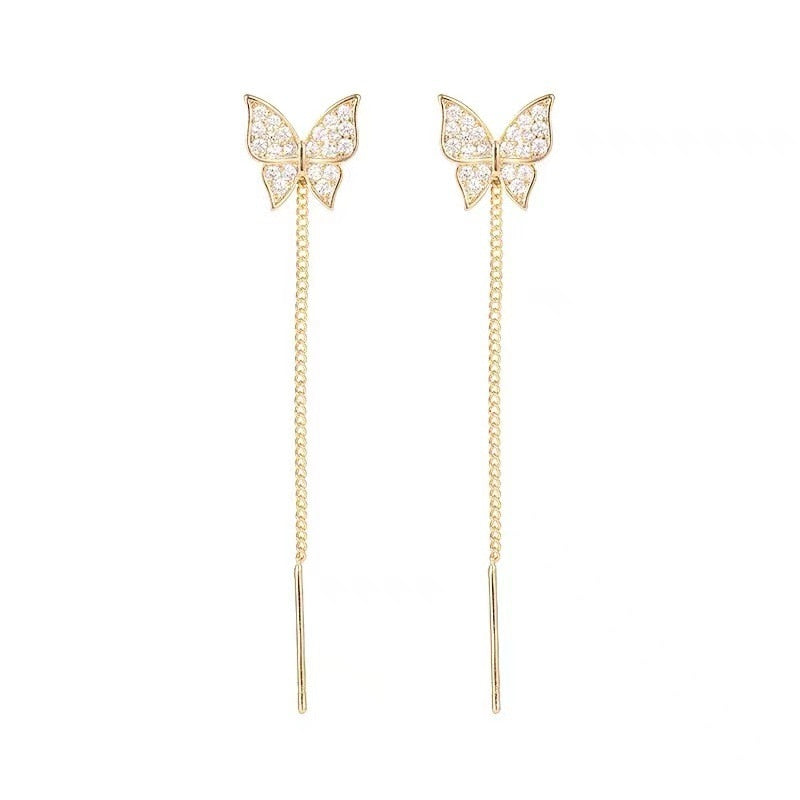 1 Pair Butterfly Pendant Golden Metal Stud Chain Earrings / Ruchi