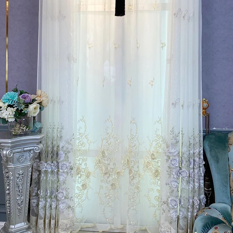 Fabric Window Curtains For Bedroom With 3D Flowers / Ruchi