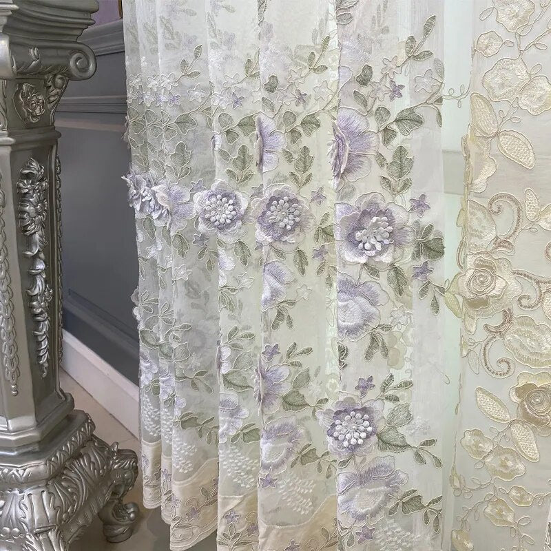 Fabric Window Curtains For Bedroom With 3D Flowers / Ruchi