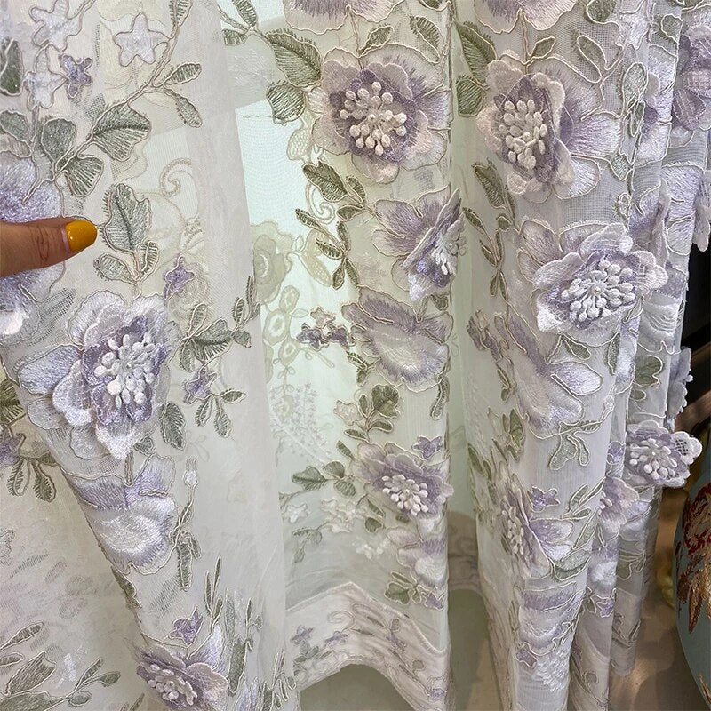 Fabric Window Curtains For Bedroom With 3D Flowers / Ruchi