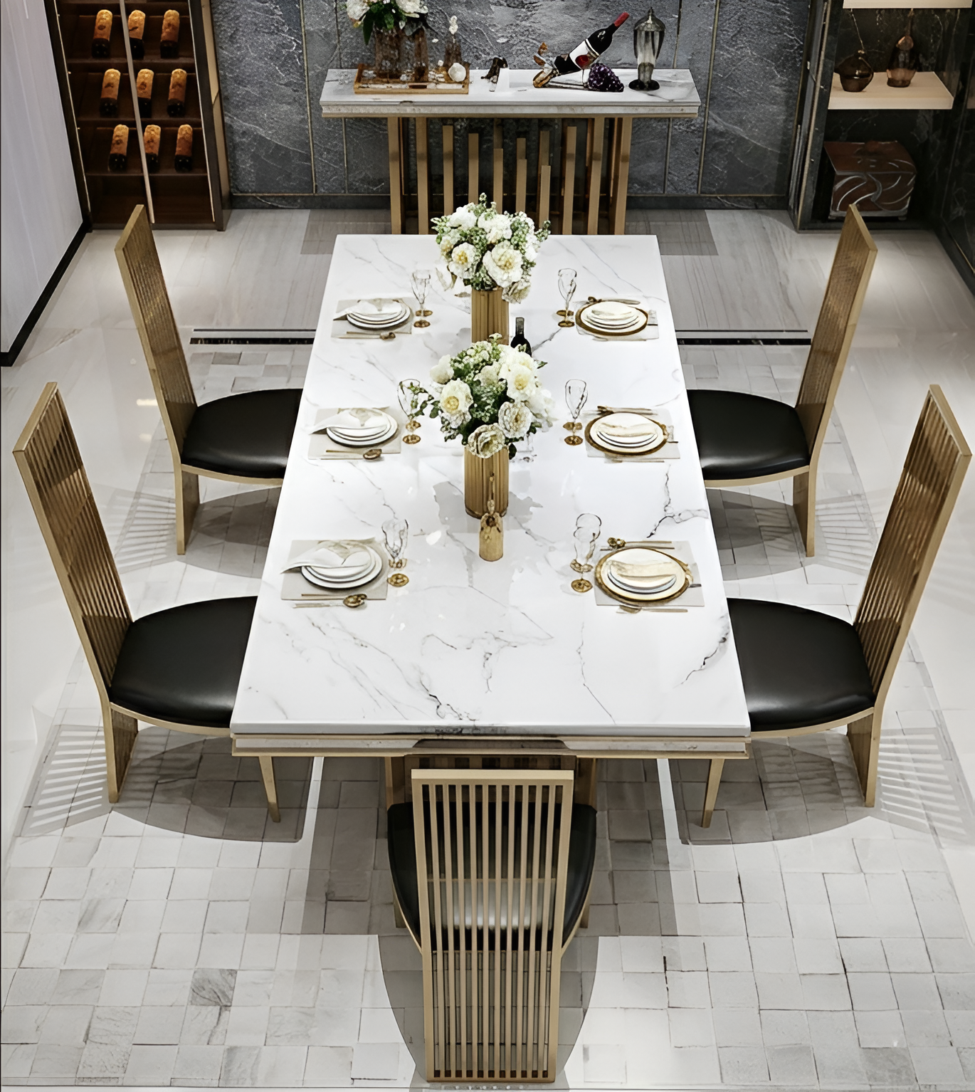 7 Pieces Marble Top Dining Table And Chairs Set