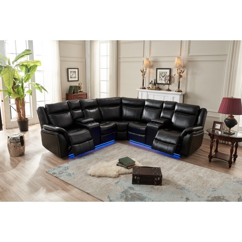 Leather Power Recliner LED Sectional Sofa / Ruchi
