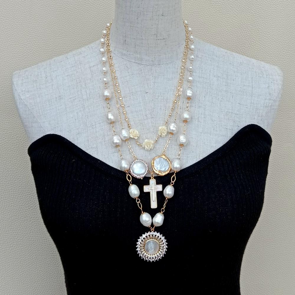 White Pearl Cross Necklace / Ruchi