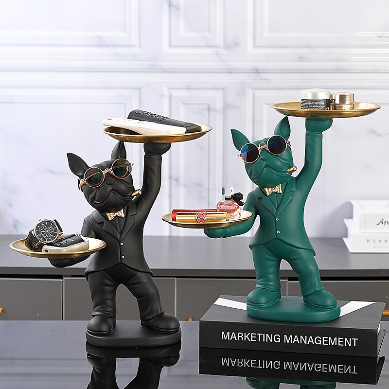 Bulldog Resin Butler Statue With Tray / Ruchi