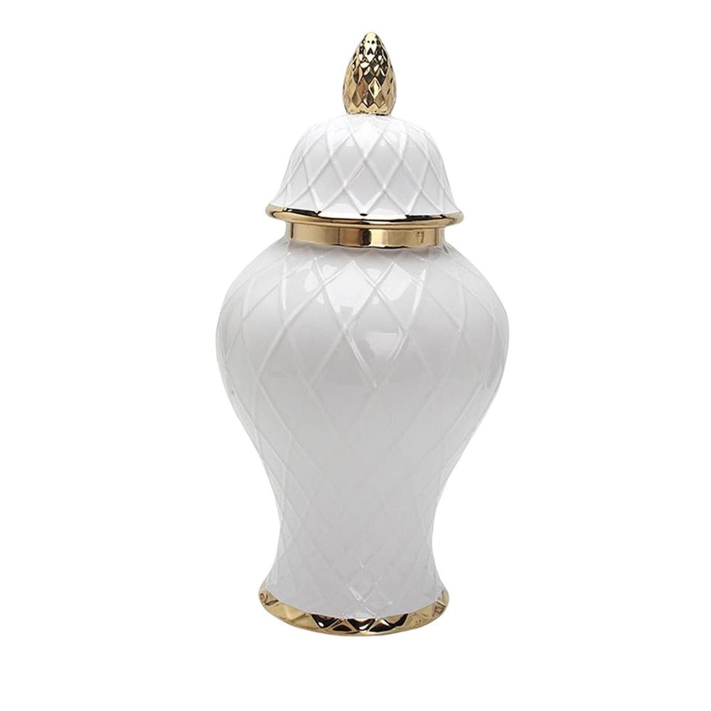 Ginger Jar Style Ceramic White Flower Vase With Lid / Ruchi