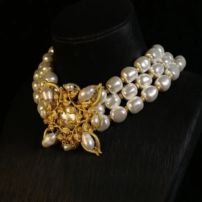 French Vintage Electroplated Pearl Stud Necklace Set / Ruchi