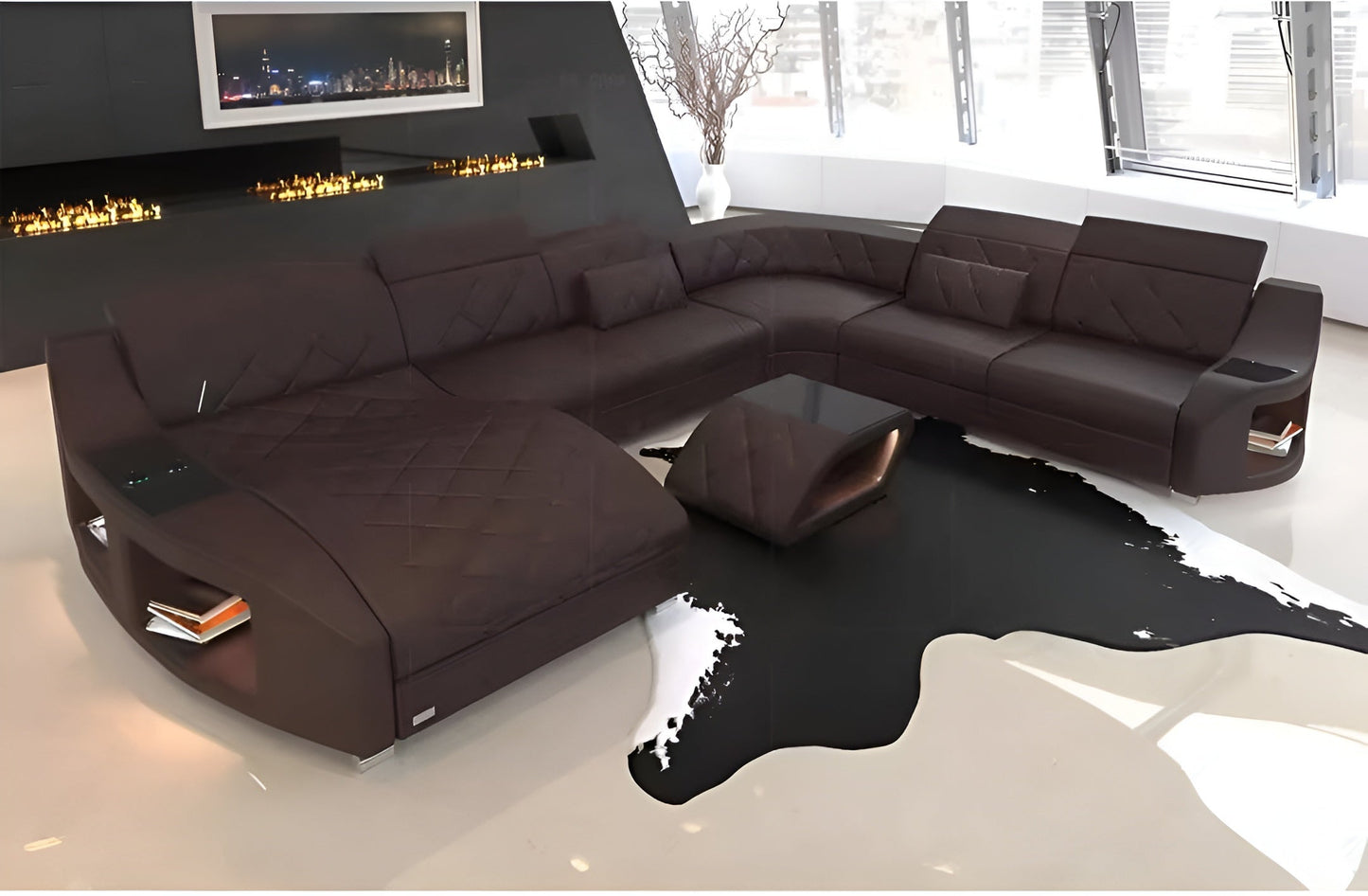 Diamond Design LED Embedded Leather Sectional-Sofa