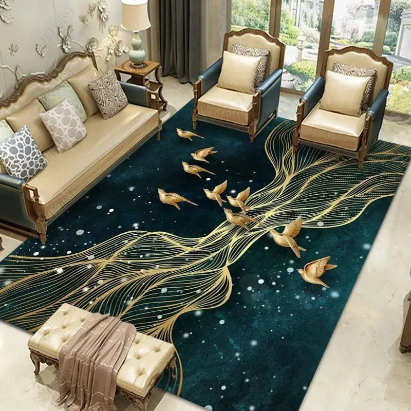 Abstract Golden Designed Figurine Printed Non-Slip Cashmere Floor Rug / Ruchi