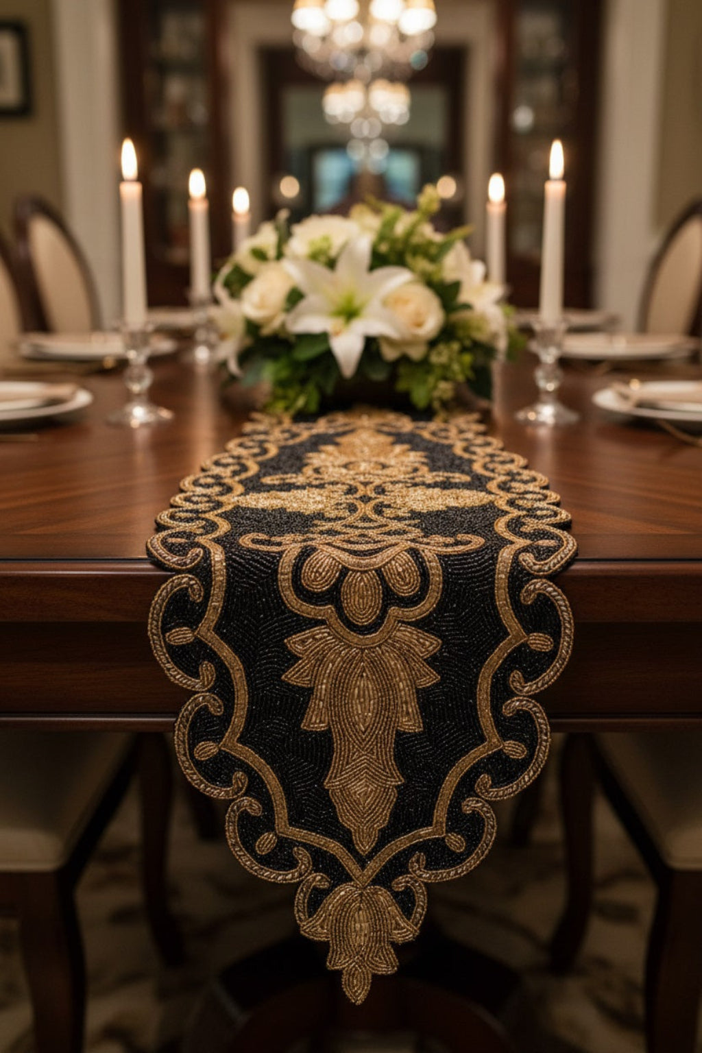 Gold Black Oval Beaded Runner / Ruchi