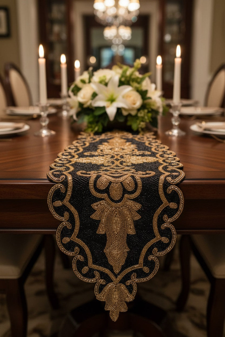 Gold Black Oval Beaded Runner / Ruchi