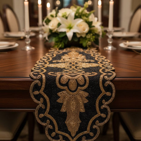 Gold Black Oval Beaded Runner / Ruchi