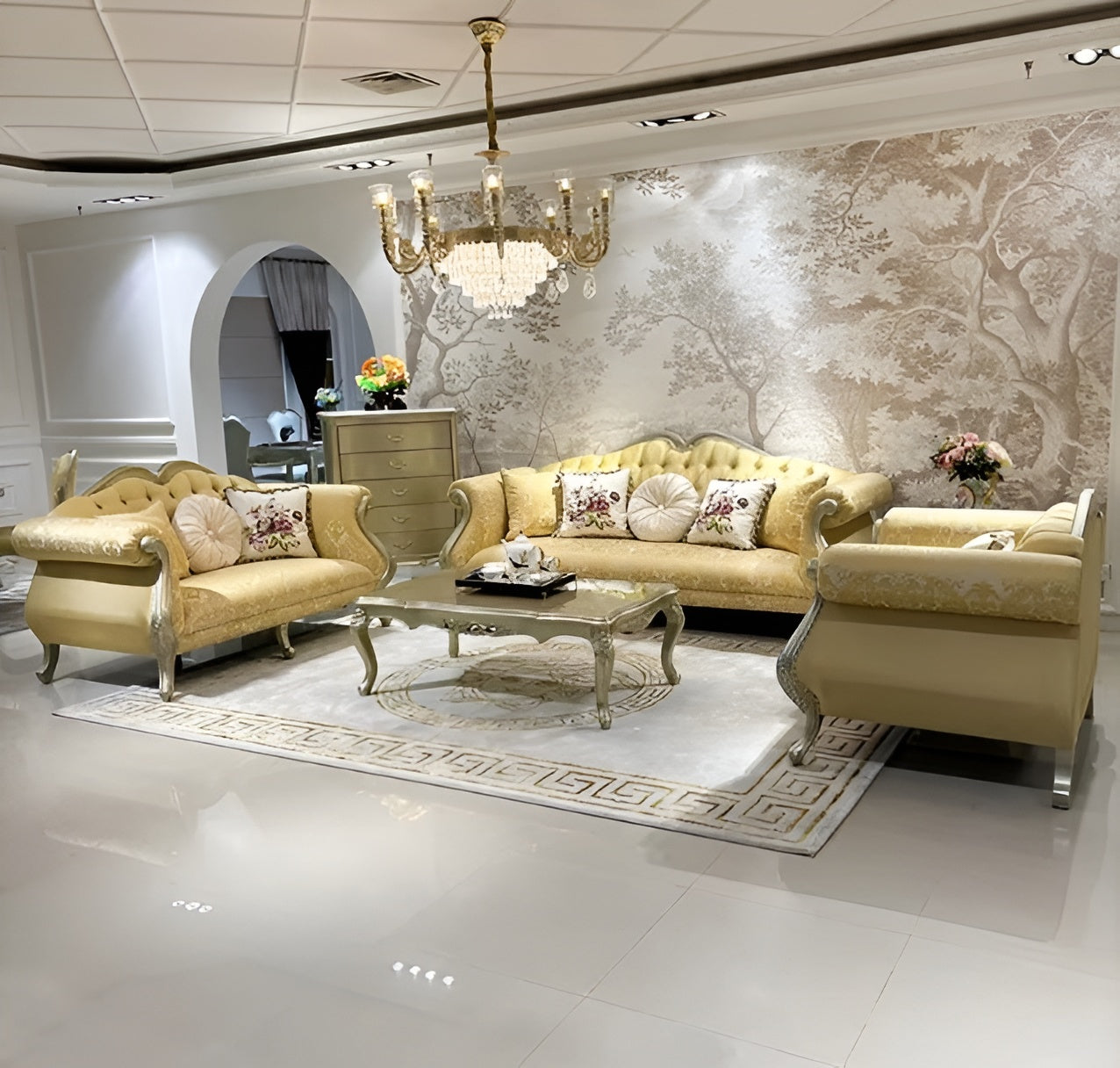 Printed Fabric Upholstered European Sofa Set / Ruchi