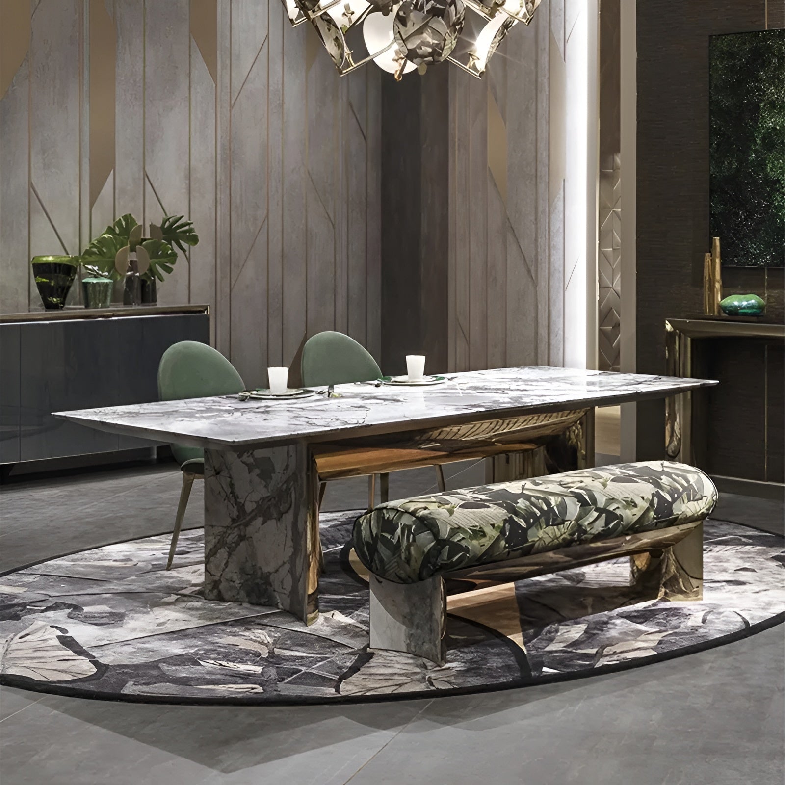 Rectangular Marble Dining Table Set With Bench / Ruchi