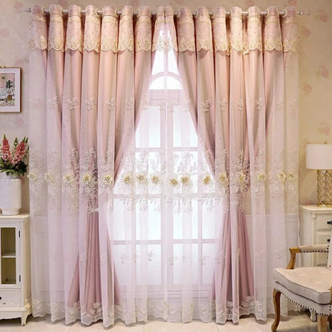 Double Layered Floral Embroidered Polyester Fabric Pink Tulle Window Curtain / Ruchi
