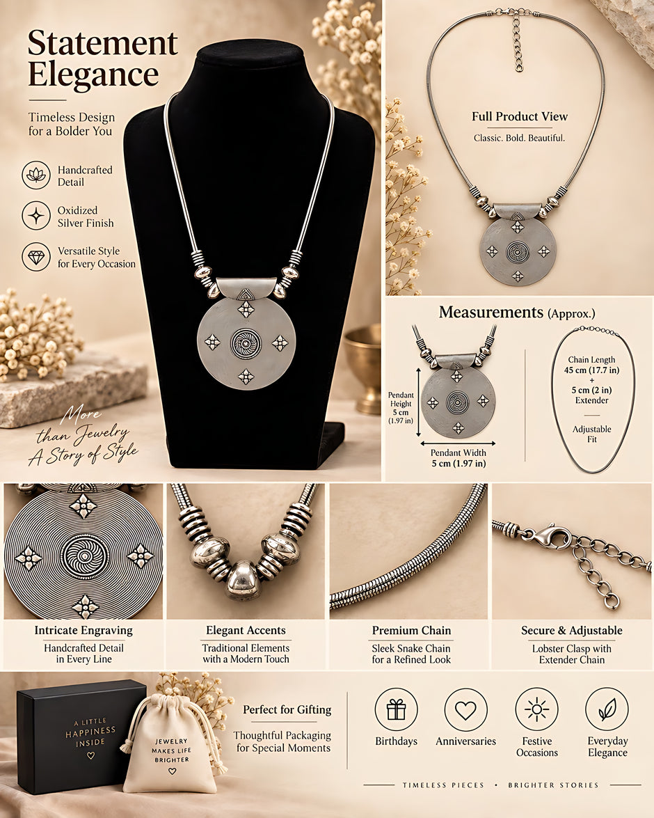 Oxidized Alloy Round Pendant Necklace / Ruchi