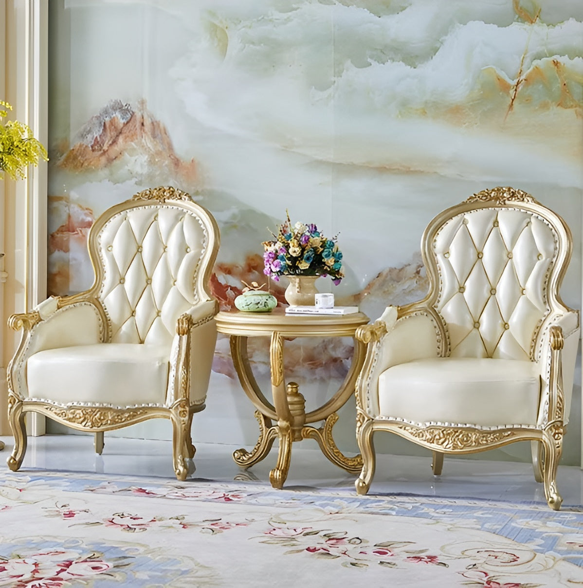 European Leather Sofa Chair And Side Table Set / Ruchi