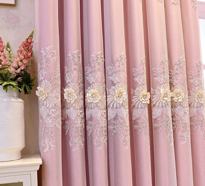 Double Layered Floral Embroidered Polyester Fabric Pink Tulle Window Curtain / Ruchi