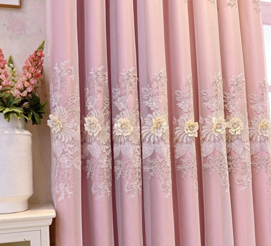 Double Layered Floral Embroidered Polyester Fabric Pink Tulle Window Curtain / Ruchi