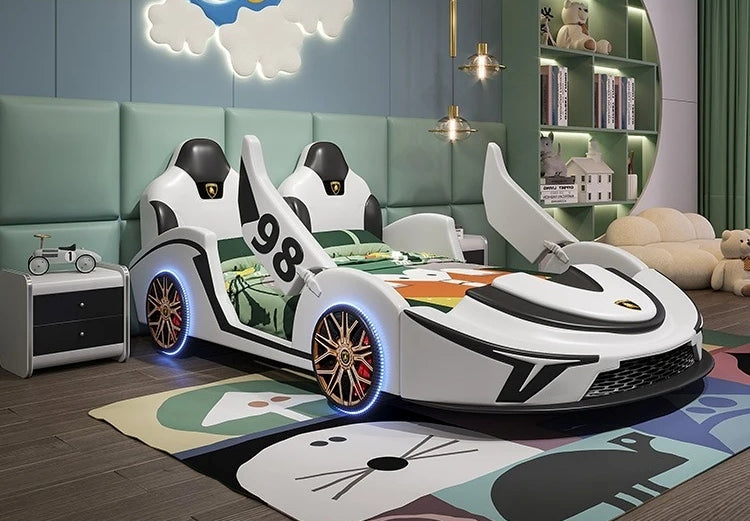 LED Car Leather Kids Bed With Storage