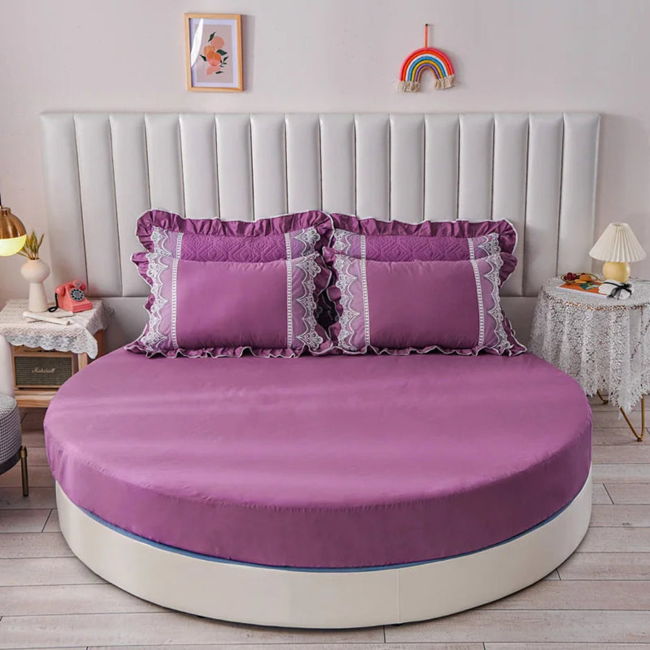 Plain Round Cotton Fitted Sheet With Pillowcases / Ruchi